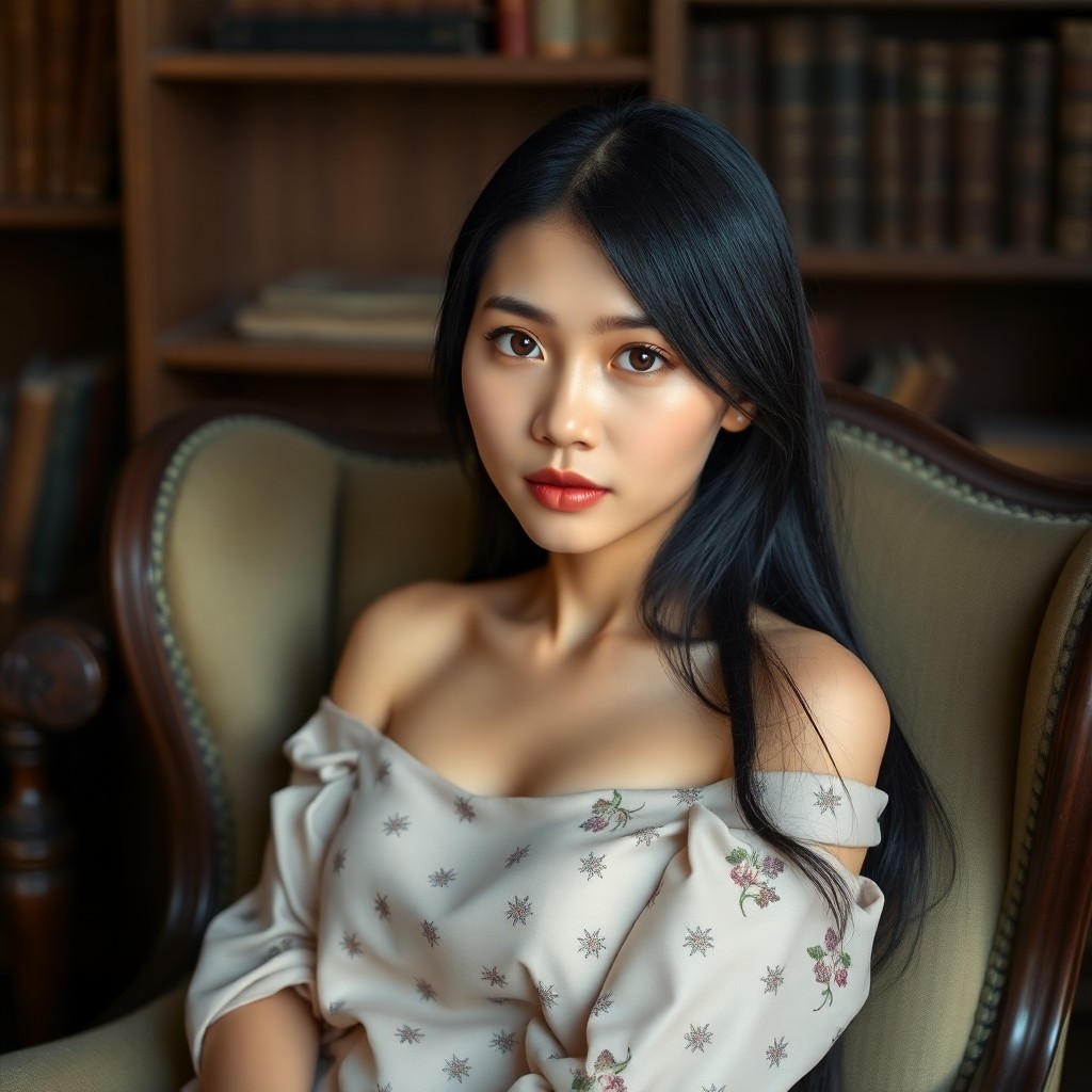 AI generated art for prompt: A young Asian woman with long black hair sits confidently in a vintage armchair, wearing an elegant 