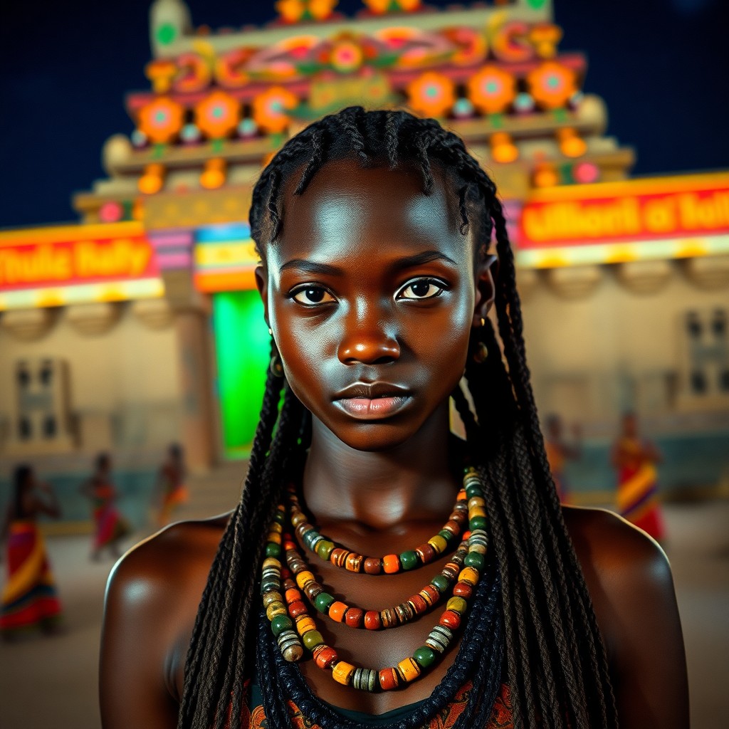 AI generated art for prompt: A photograph portrait of a young African woman wearing traditional beads around her neck and long br