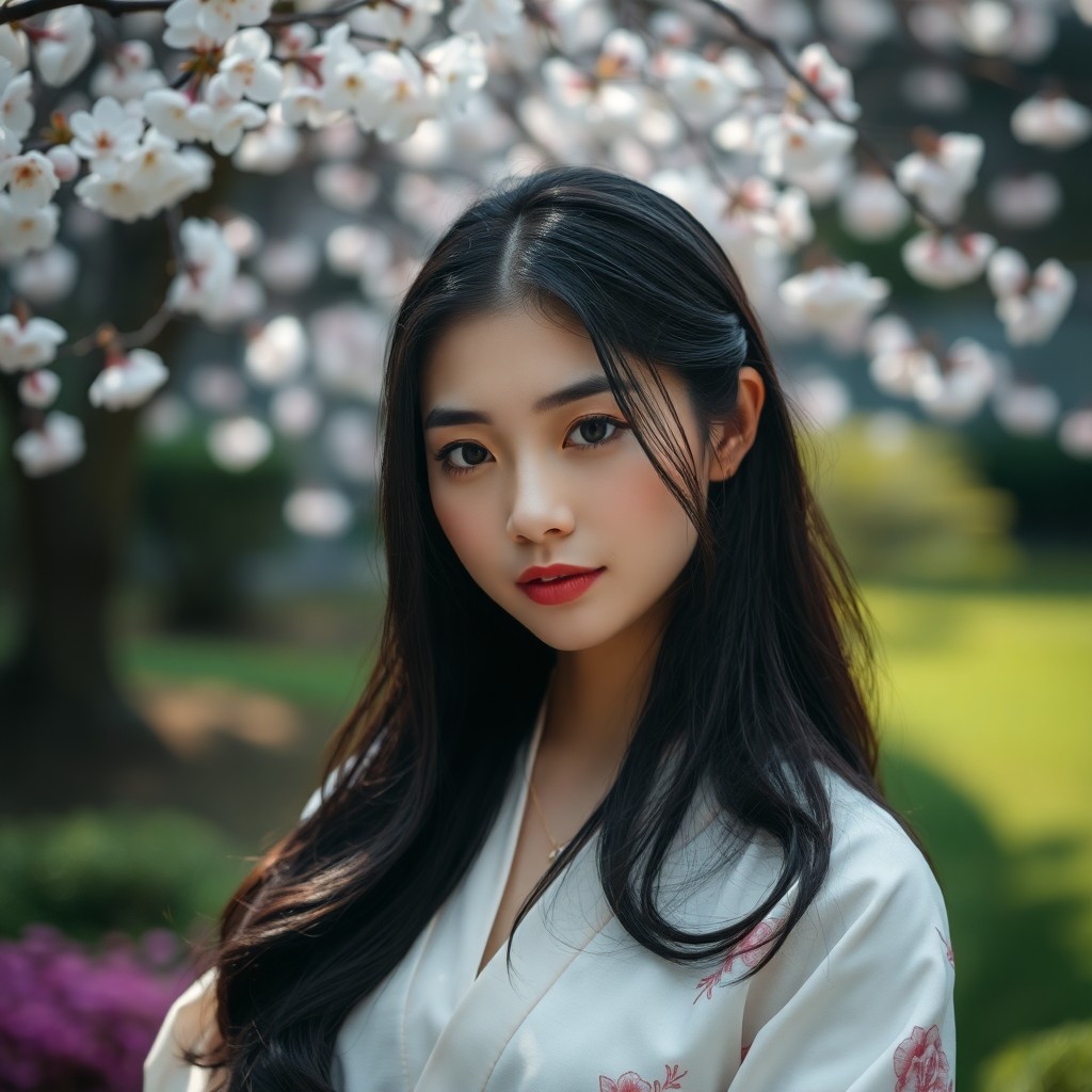 AI generated art for prompt: Craft a photograph portrait of an Asian woman with delicate features, serene expression, and dark gl