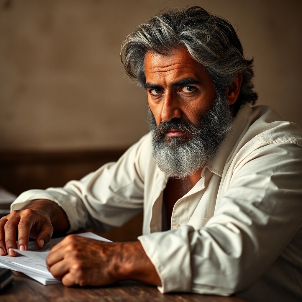 AI generated art for prompt: Create an ultra-realistic portrait photograph capturing a bearded Middle Eastern man in his late fif