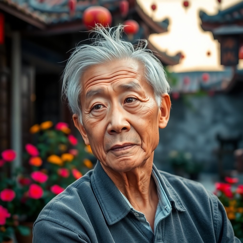 AI generated art for prompt: Imagine a photograph portrait featuring an elderly Chinese man with weathered skin, deep-set eyes re