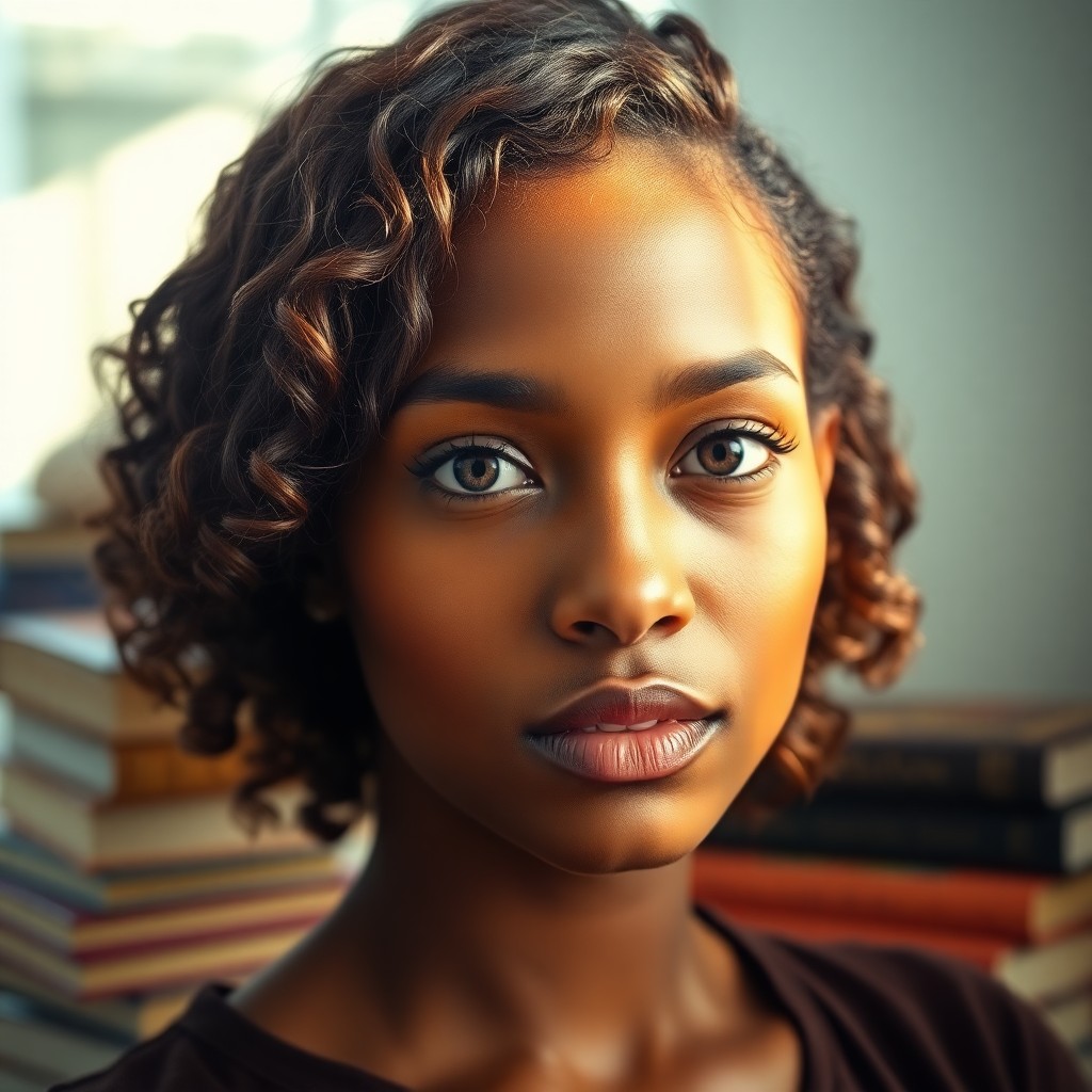 AI generated art for prompt: Create a captivating portrait of a young African American woman with striking hazel eyes framed by h