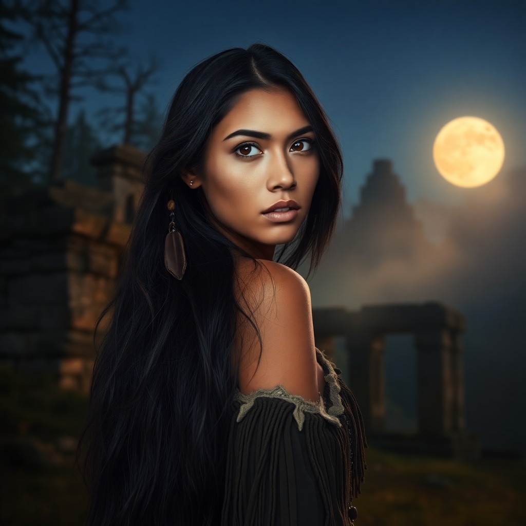 AI generated art for prompt: A mesmerizing portrait capturing a young Native American woman with lustrous raven hair cascading do