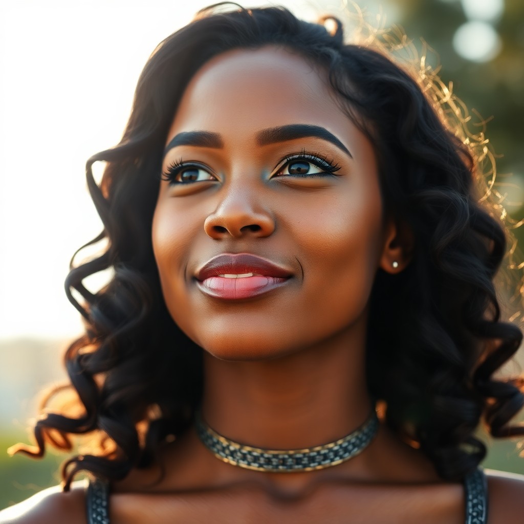 AI generated art for prompt: A young African American woman with a warm honey complexion holds her chin pensively as she gazes in