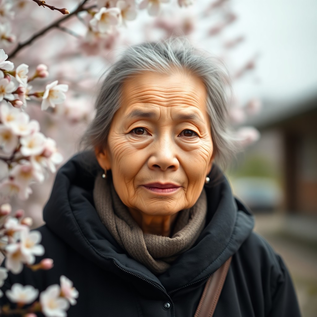 AI generated art for prompt: Capture a photograph portrait of an elderly Asian woman with warm brown eyes, lined skin reflecting 