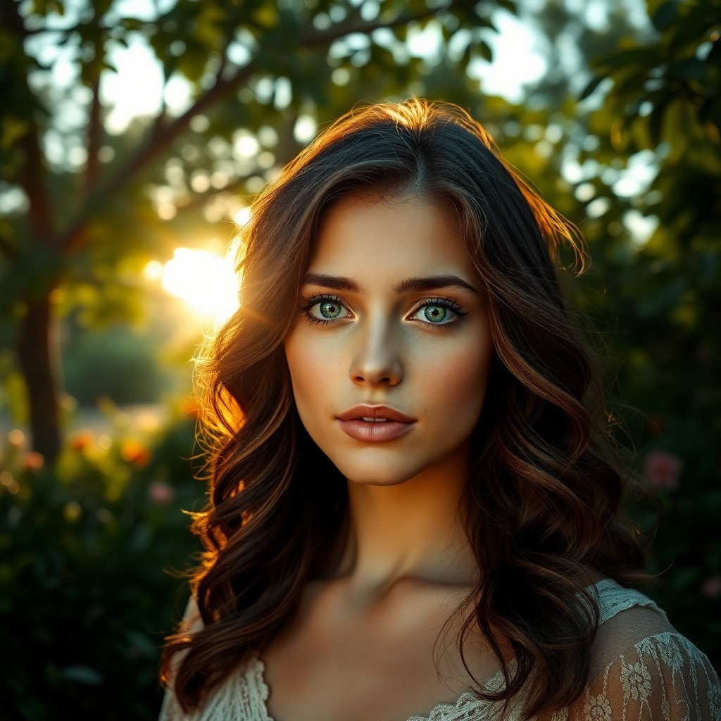 AI generated art for prompt: A hyper-realistic portrait of a young woman with chestnut wavy hair, her soft green eyes reflecting 