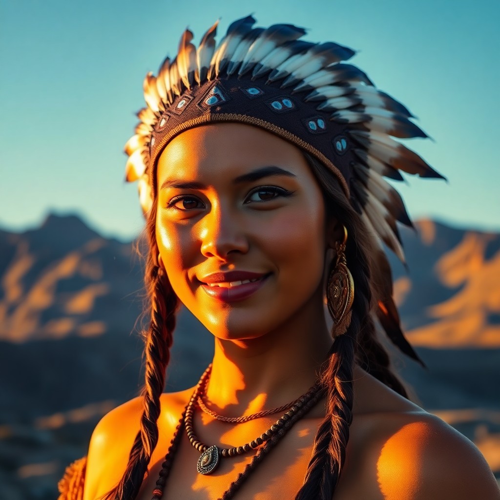 AI generated art for prompt: Create a photograph portrait of a young Native American woman with deep brown eyes, full lips set in