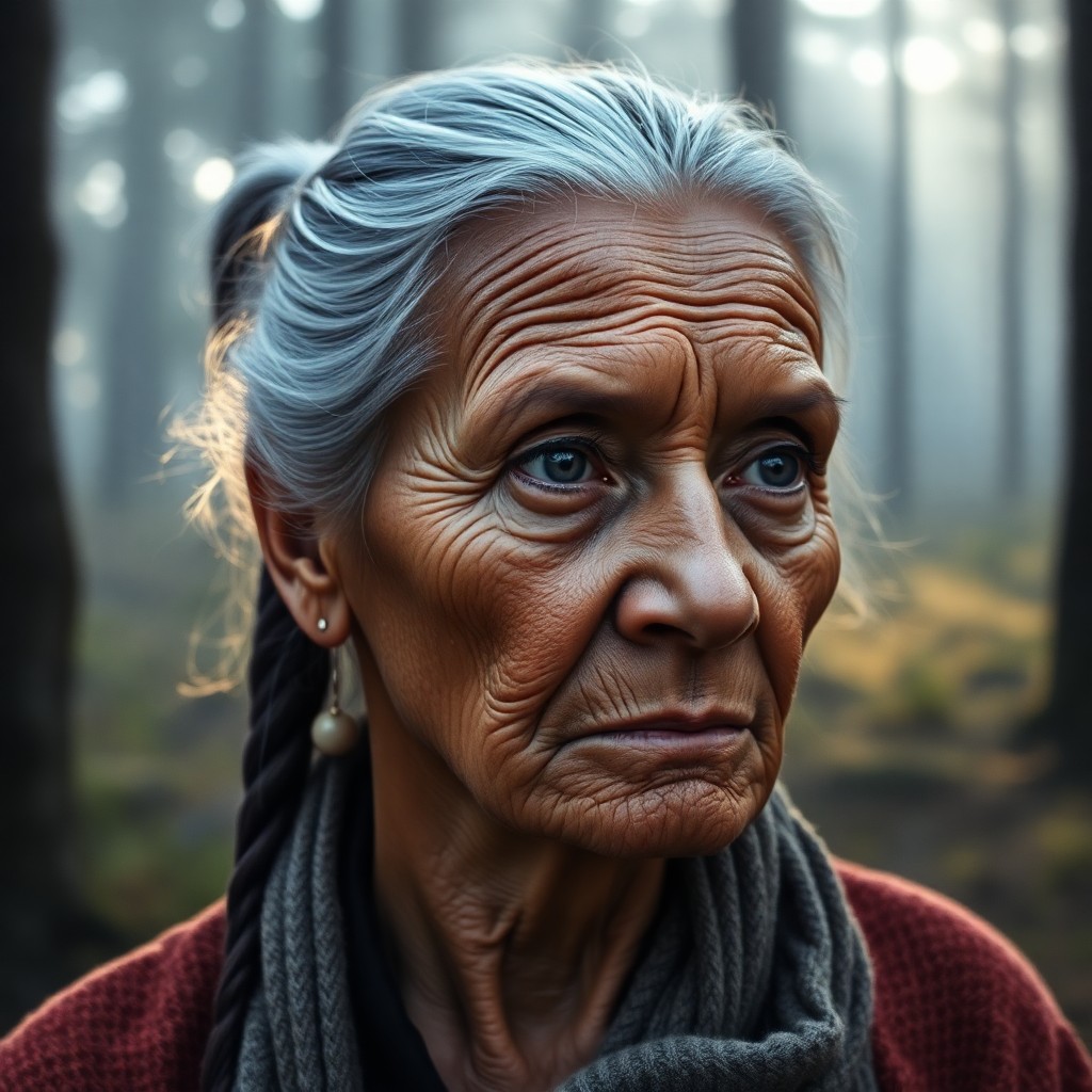 AI generated art for prompt: A photograph portrait capturing the essence of an elderly Native American woman with deep wrinkles a