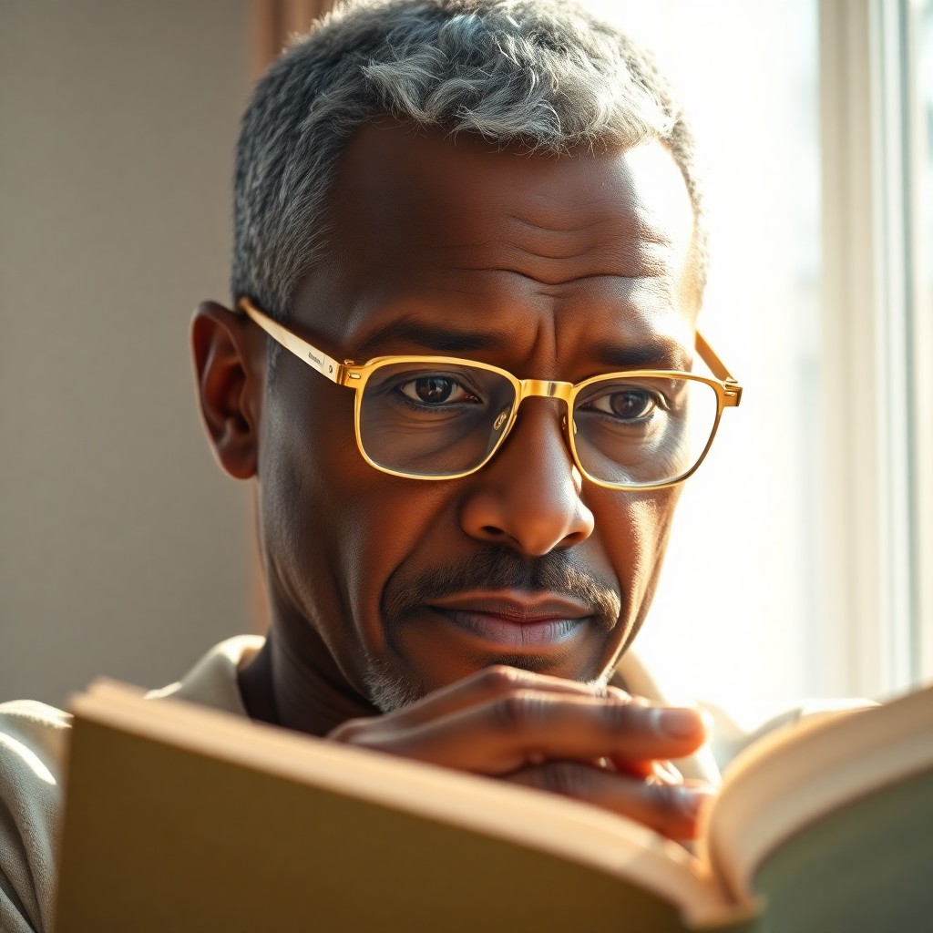 AI generated art for prompt: Craft an ultra-realistic portrait of a middle-aged African American man wearing gold-rimmed glasses 