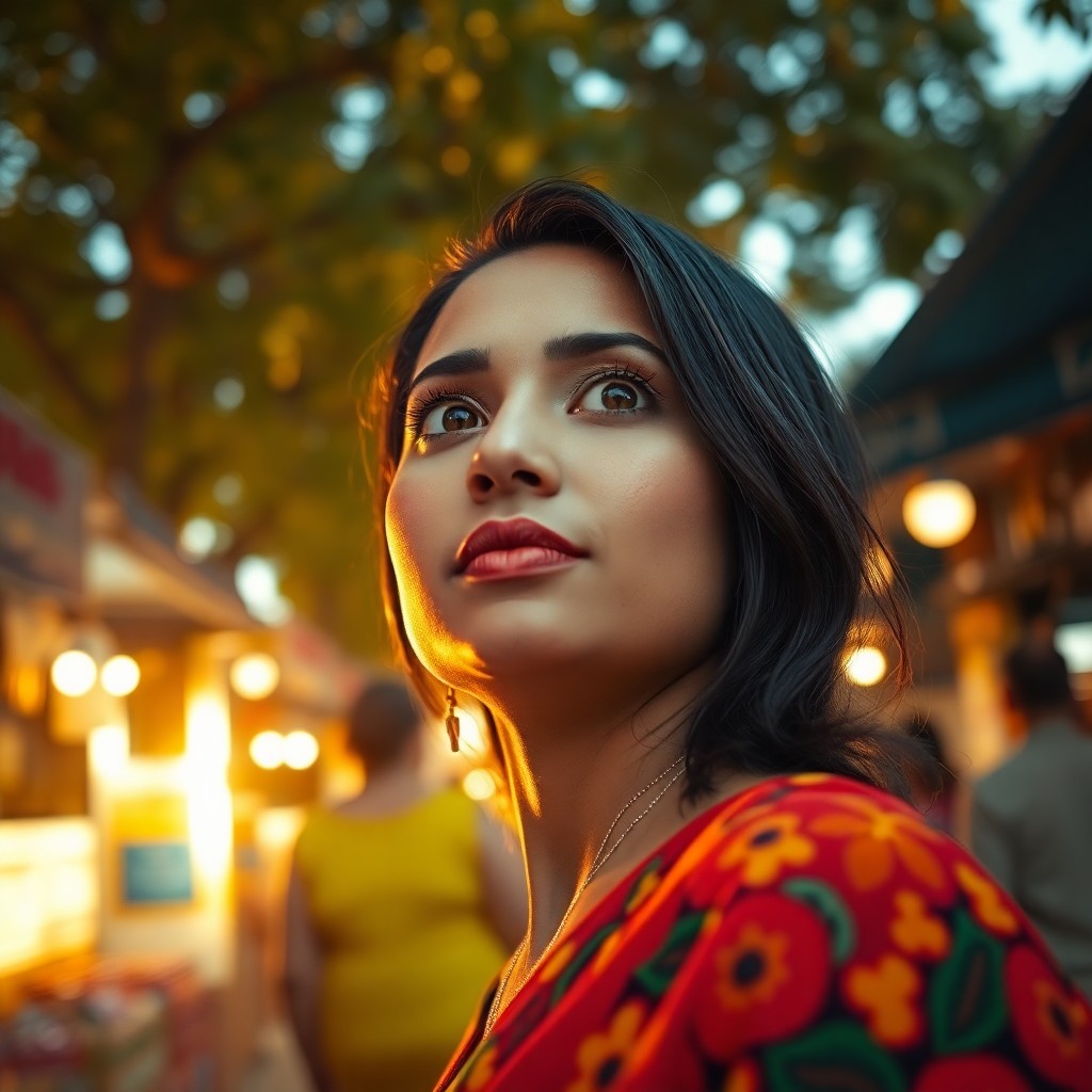 AI generated art for prompt: A woman with deep brown eyes framed by silky black hair gazes serenely upwards from a low angle pers