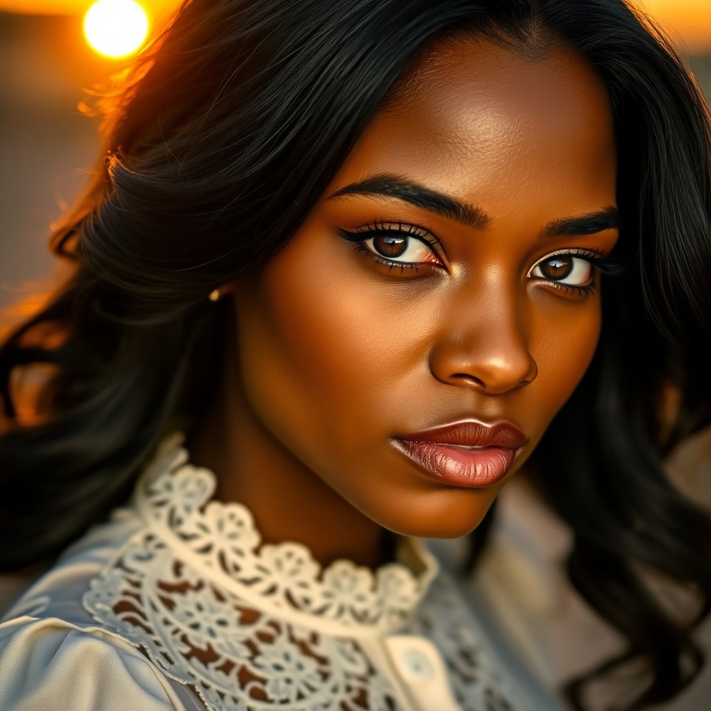 AI generated art for prompt: A photograph portrait featuring a young African American woman with sparkling hazel eyes and silky b