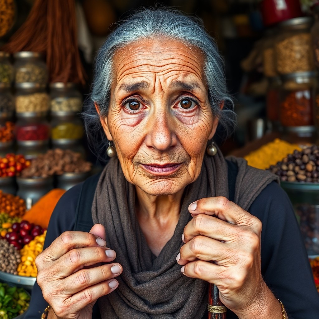 AI generated art for prompt: A hyper-realistic portrait capturing an elderly Middle Eastern woman with deep brown eyes, set again