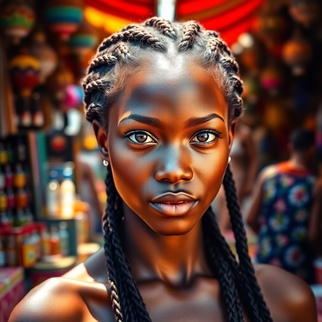 AI generated art for prompt: A hyperrealistic portrait of a young African woman with warm amber eyes, exuding confidence as she s