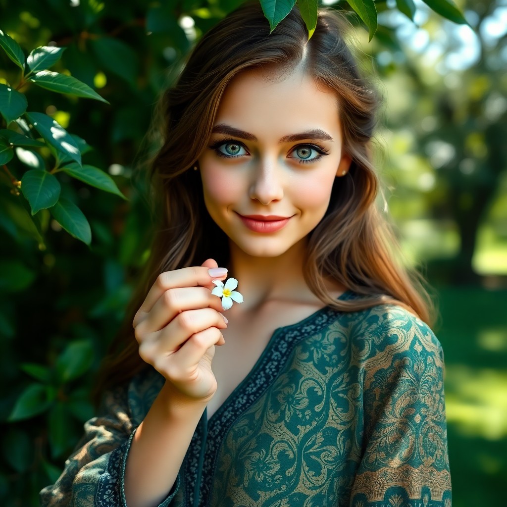 AI generated art for prompt: A captivating portrait captures a young woman with striking, wide-set green eyes under soft sunlight