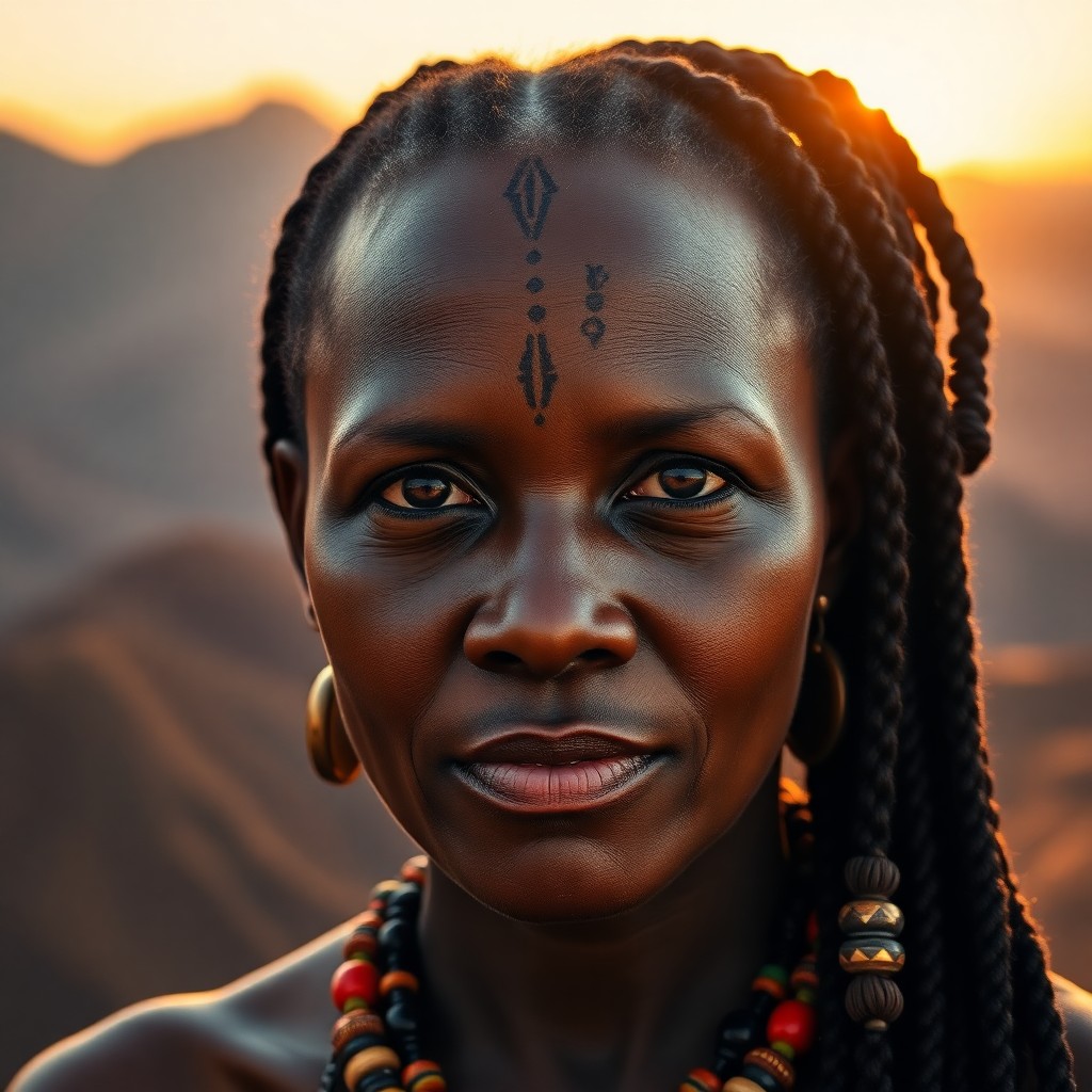 AI generated art for prompt: A captivating close-up portrait of a middle-aged African woman with intricate tribal scarifications 