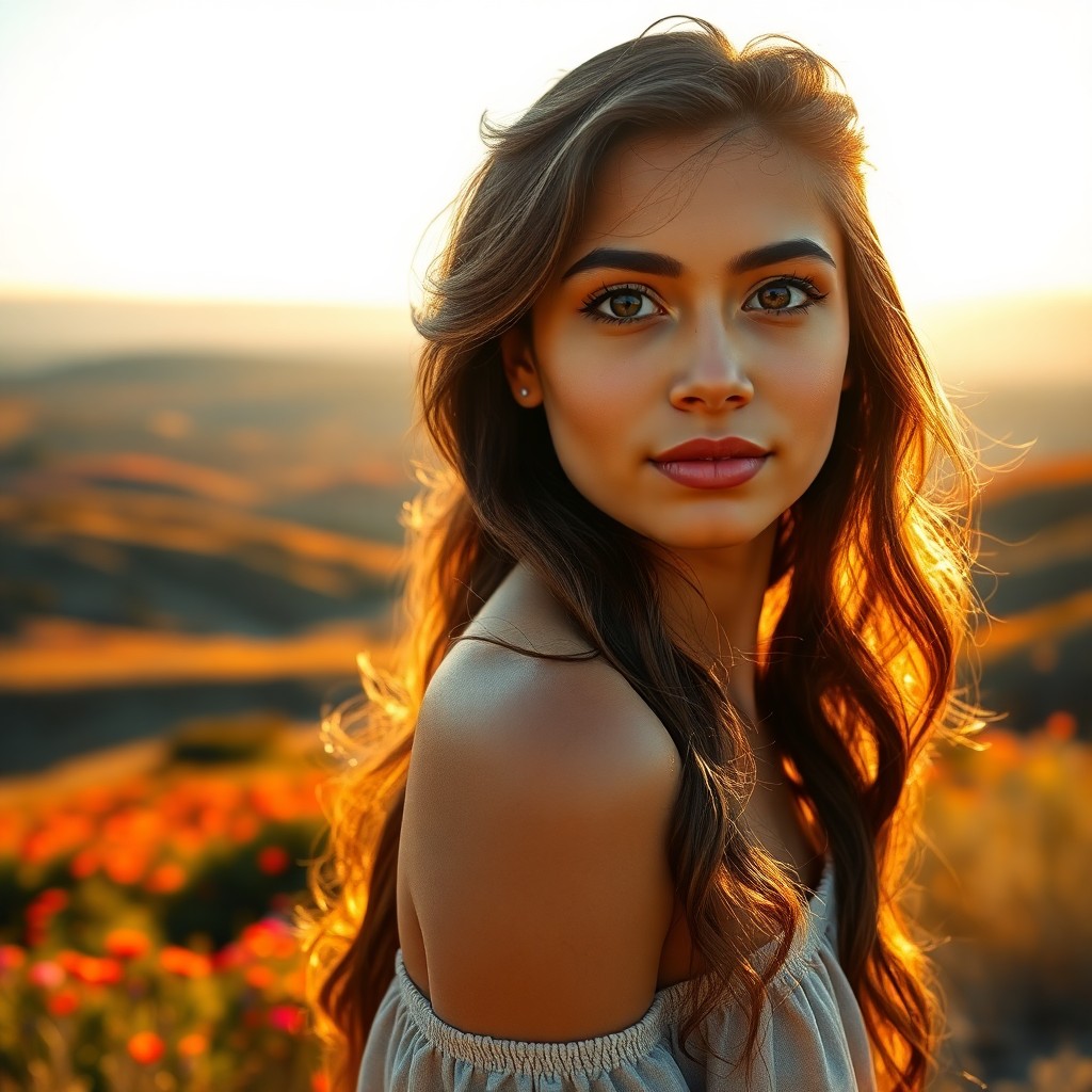 AI generated art for prompt: Craft an image of a young Hispanic woman with deep brown eyes and long wavy hair cascading down her 