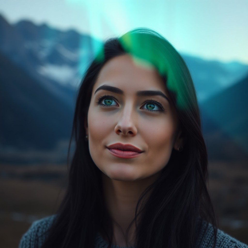 AI generated art for prompt: A woman in her mid-30s with striking emerald eyes, delicate features framed by dark hair, stands aga