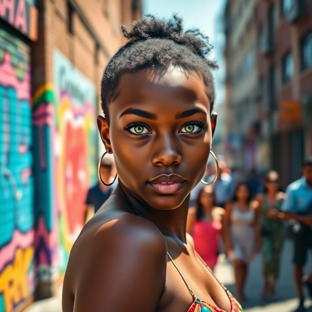 AI generated art for prompt: A young African American woman with striking green eyes stands confidently against a vibrant urban s