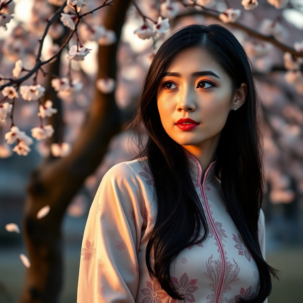 AI generated art for prompt: Create a photograph portrait of a young Asian woman in traditional Chinese qipao dress at dusk, stan