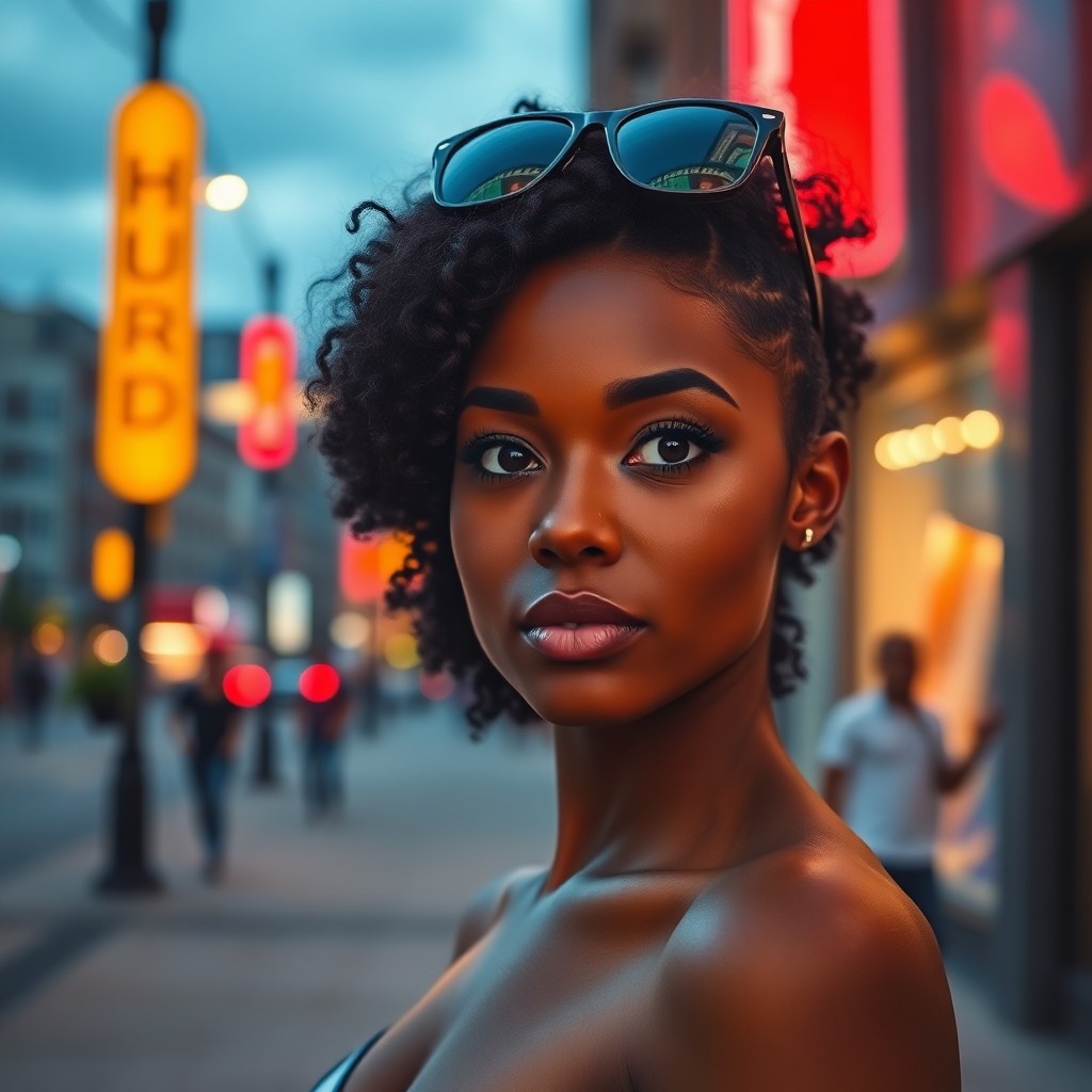 AI generated art for prompt: A young African American woman with striking features stands confidently against a vibrant cityscape