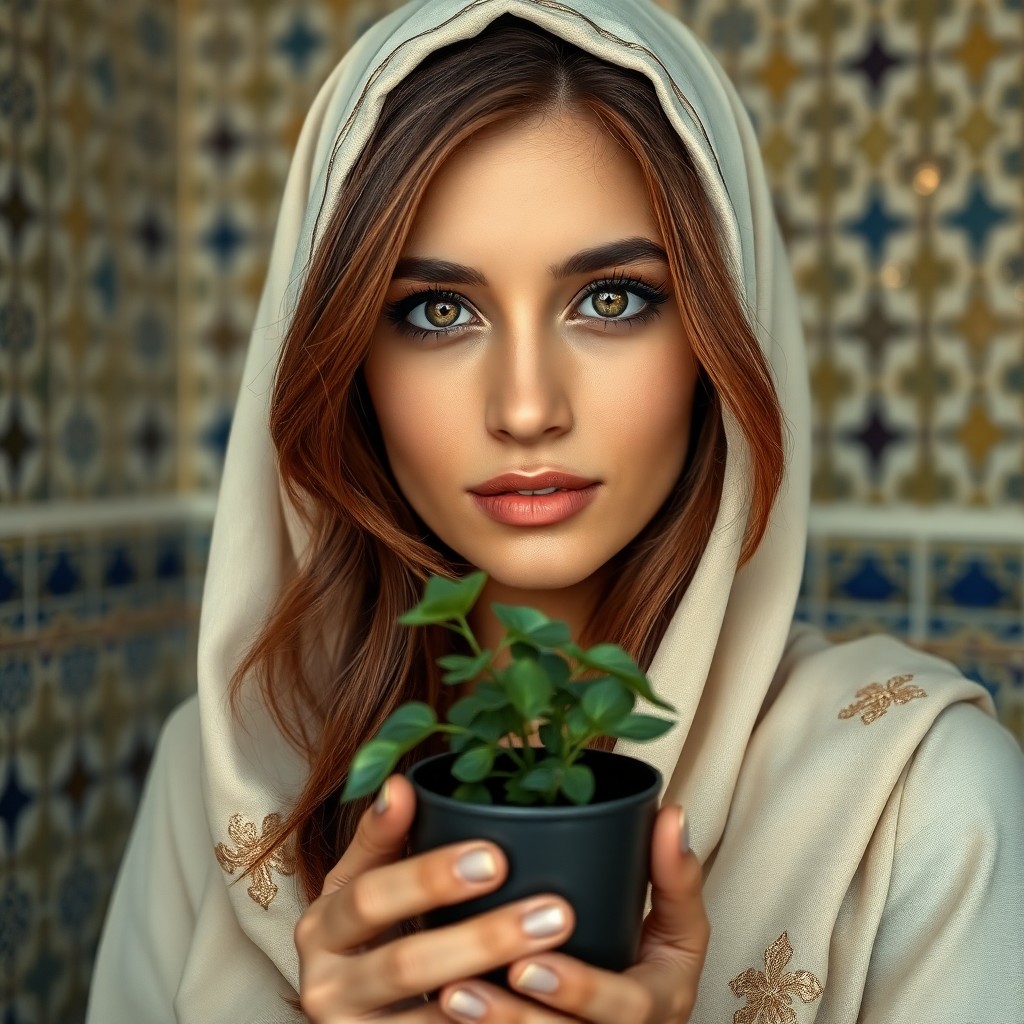 AI generated art for prompt: Create an ultrarealistic portrait of a striking Middle Eastern woman with warm hazel eyes and chestn