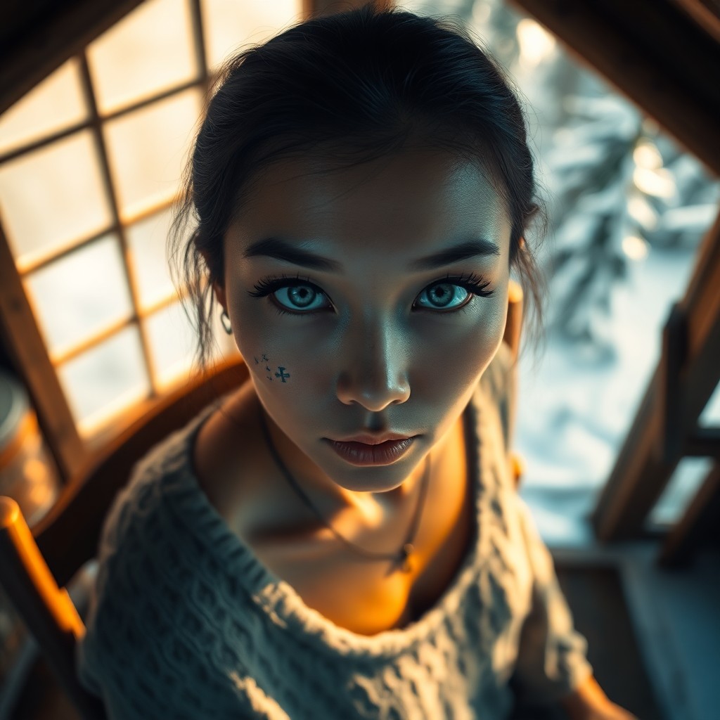 AI generated art for prompt: A photograph portrait photograph captures an East Asian woman with captivating ice-blue eyes and lus