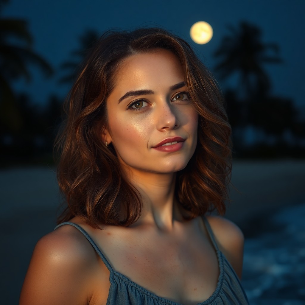 AI generated art for prompt: A woman in her 30s with shoulder-length wavy brown hair stands near the edge of a moonlit beach at d