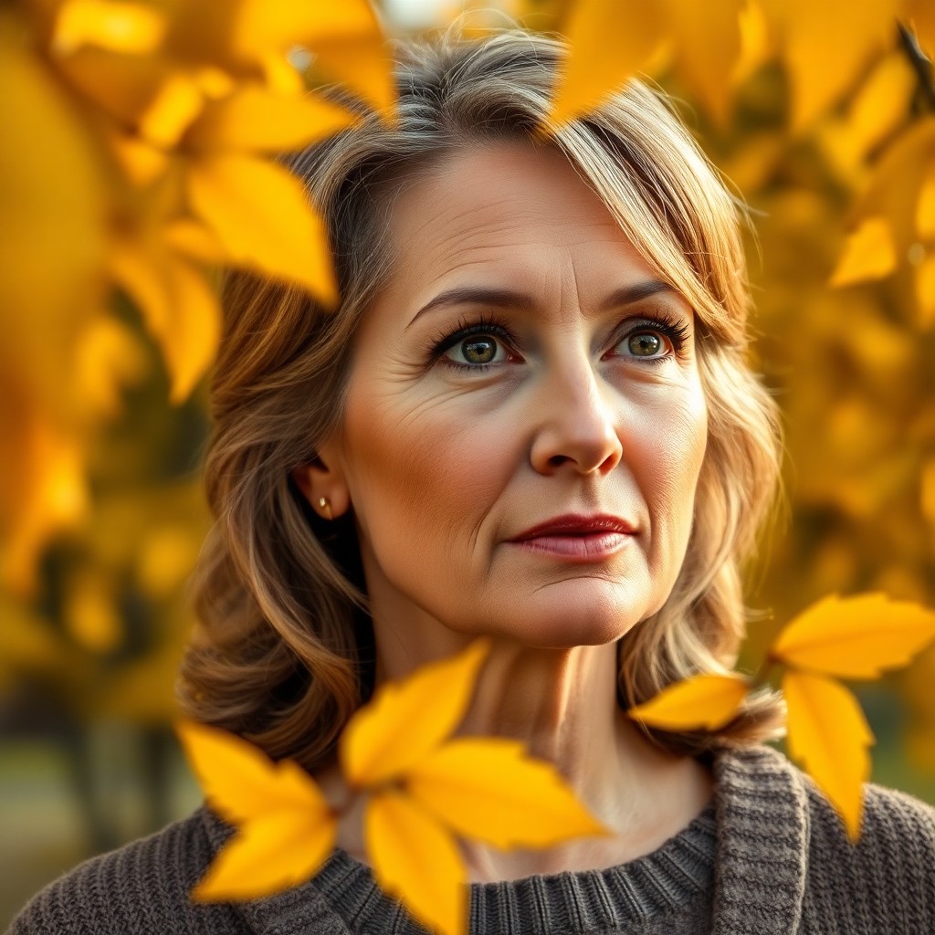 AI generated art for prompt: A middle-aged woman with a warm skin tone and soft brown eyes stands against a tranquil autumn lands