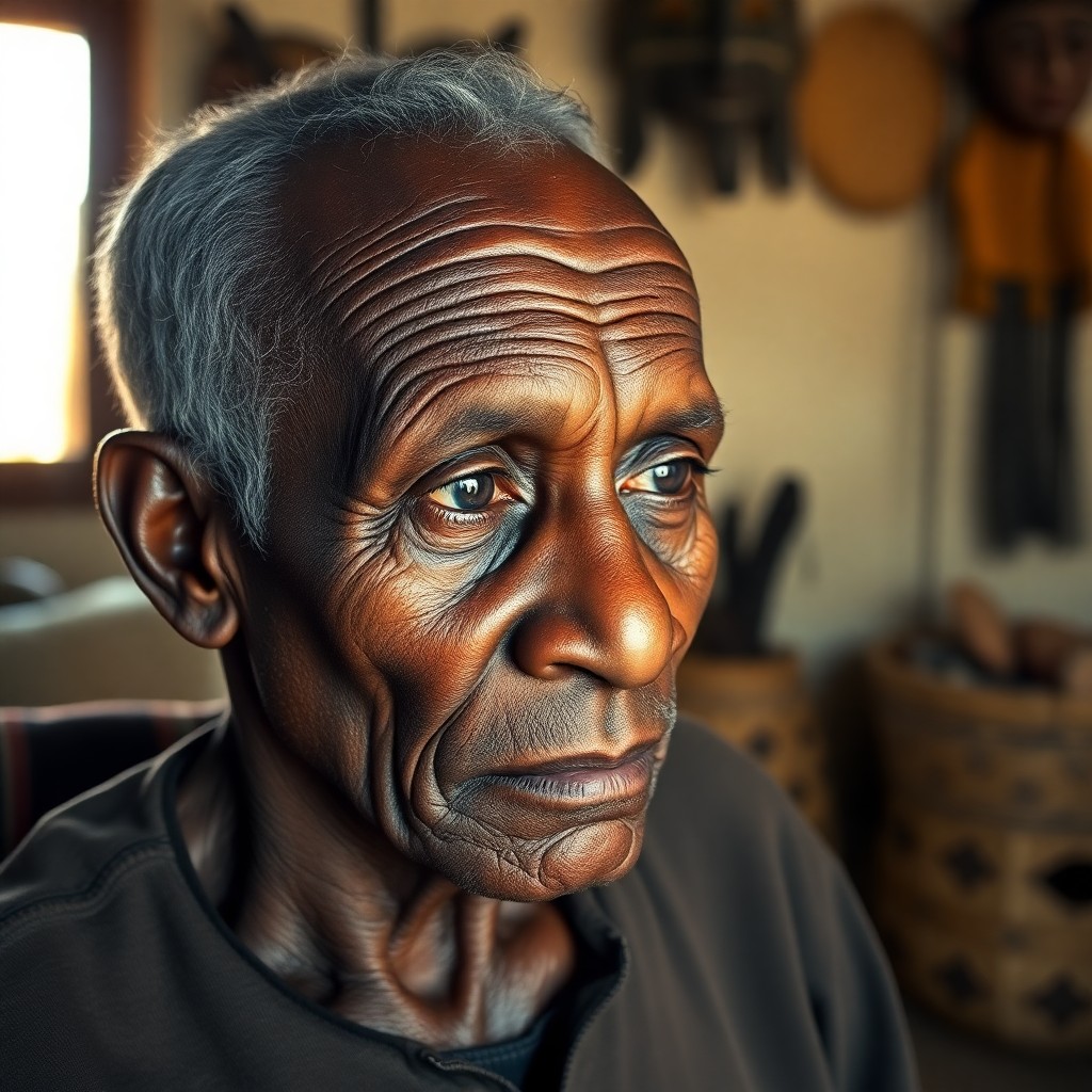 AI generated art for prompt: Create a photograph portrait of an elderly African man with deep wrinkles framing his eyes, showcasi