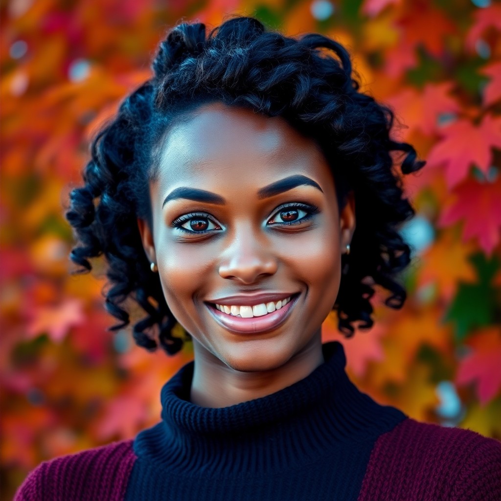 AI generated art for prompt: Craft a vivid portrait of a young African American woman with warm hazel eyes and a radiant smile, c