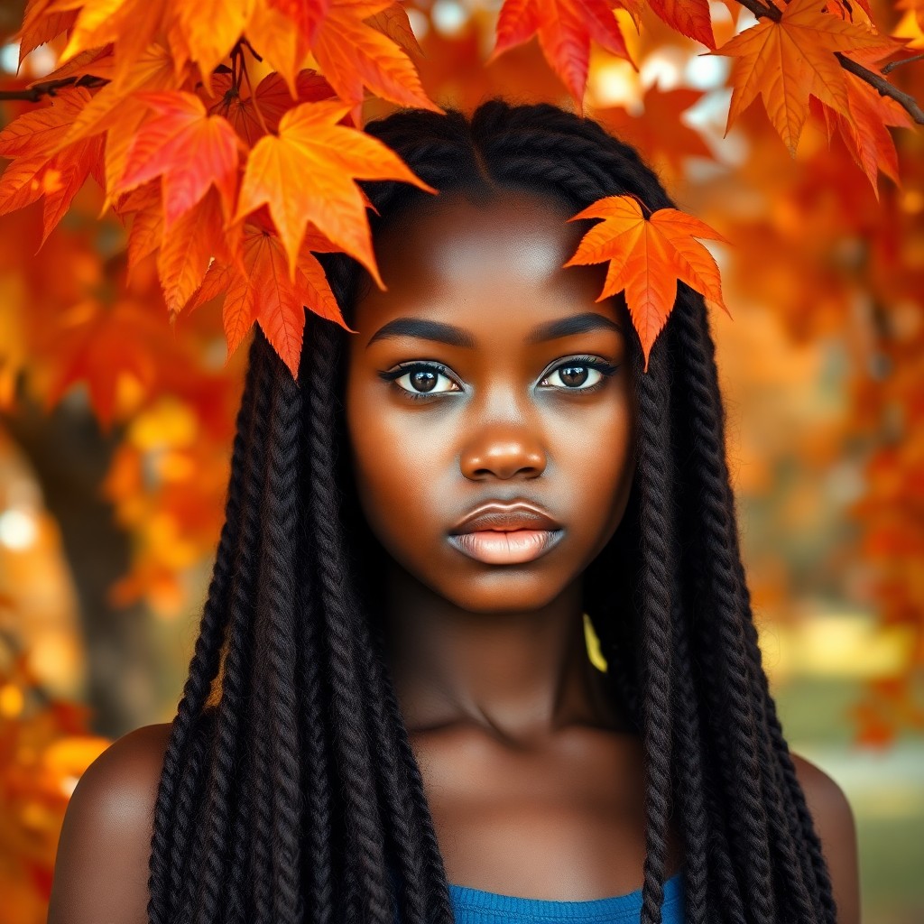 AI generated art for prompt: A photograph portrait capturing a young African American woman with rich brown skin and long, lustro