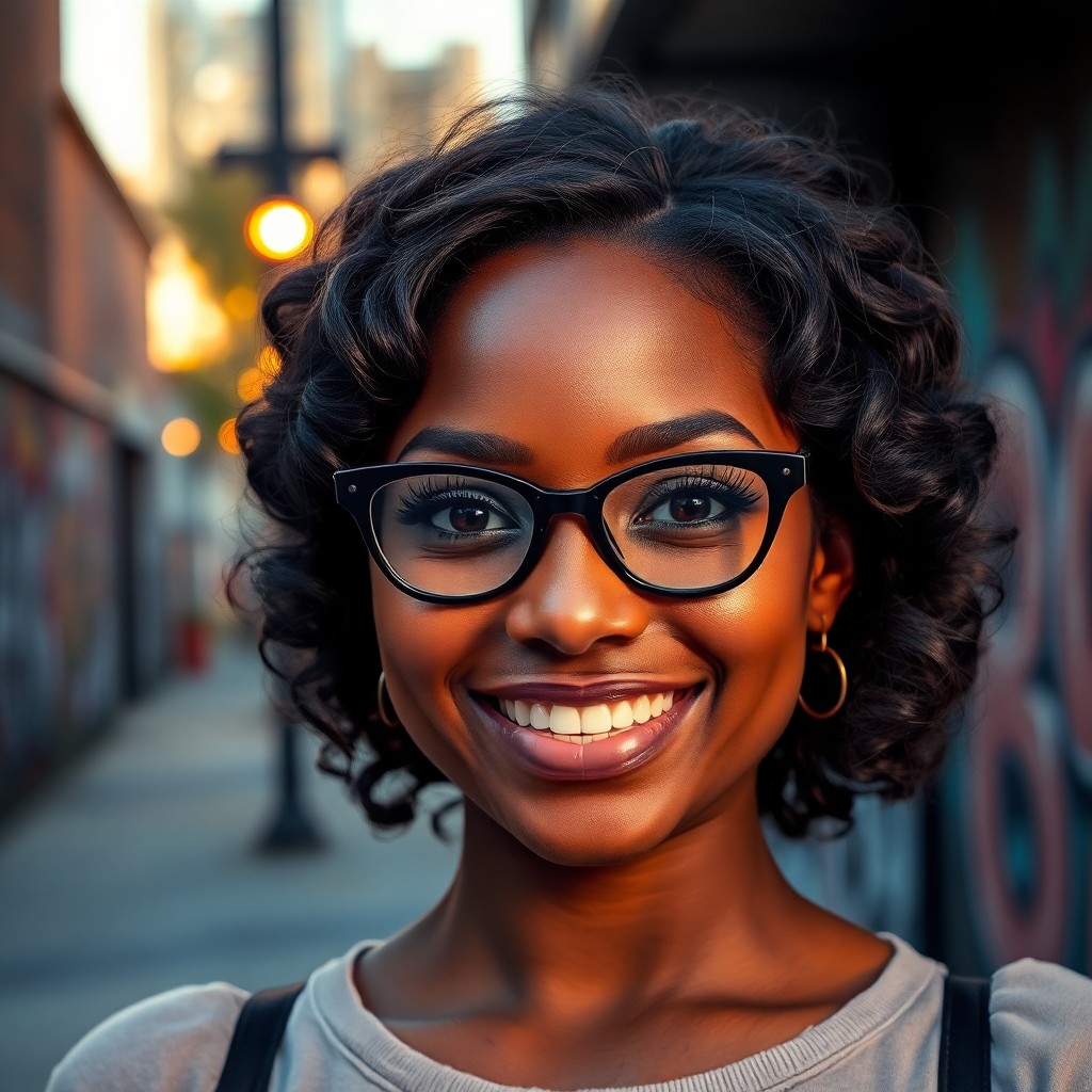 AI generated art for prompt: A young African American woman with a radiant smile, wearing stylish cat-eye glasses that accentuate