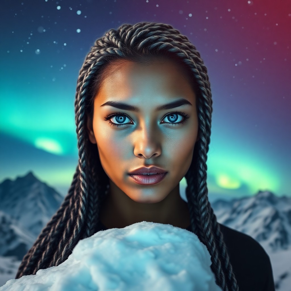 AI generated art for prompt: A captivating portrait of a South Asian woman with piercing blue eyes and intricate platinum braids 