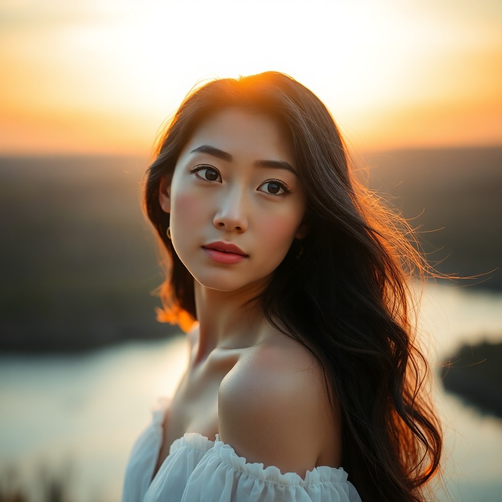 AI generated art for prompt: Craft a photograph portrait featuring an ethereal Asian woman with almond-shaped eyes and porcelain 