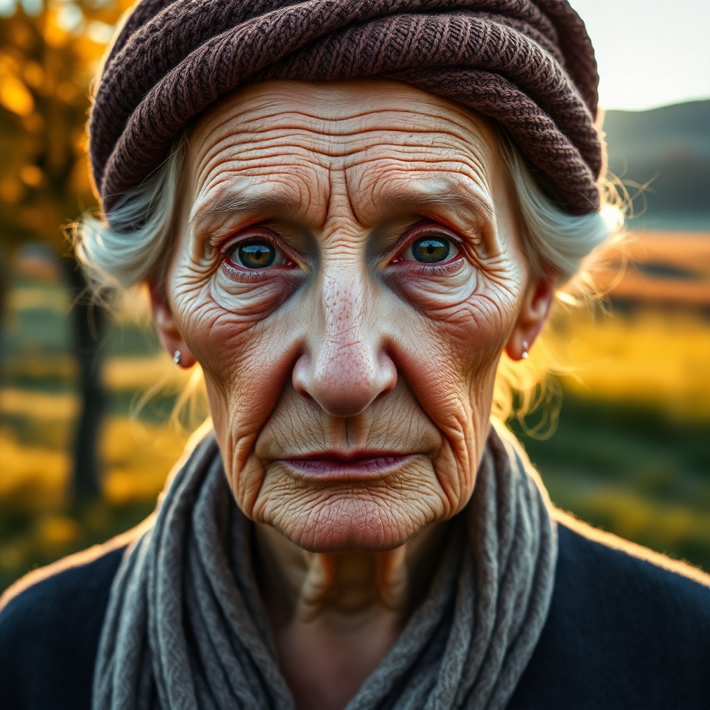 AI generated art for prompt: Create a detailed portrait of an elderly European woman with deep-set eyes and prominent cheekbones,