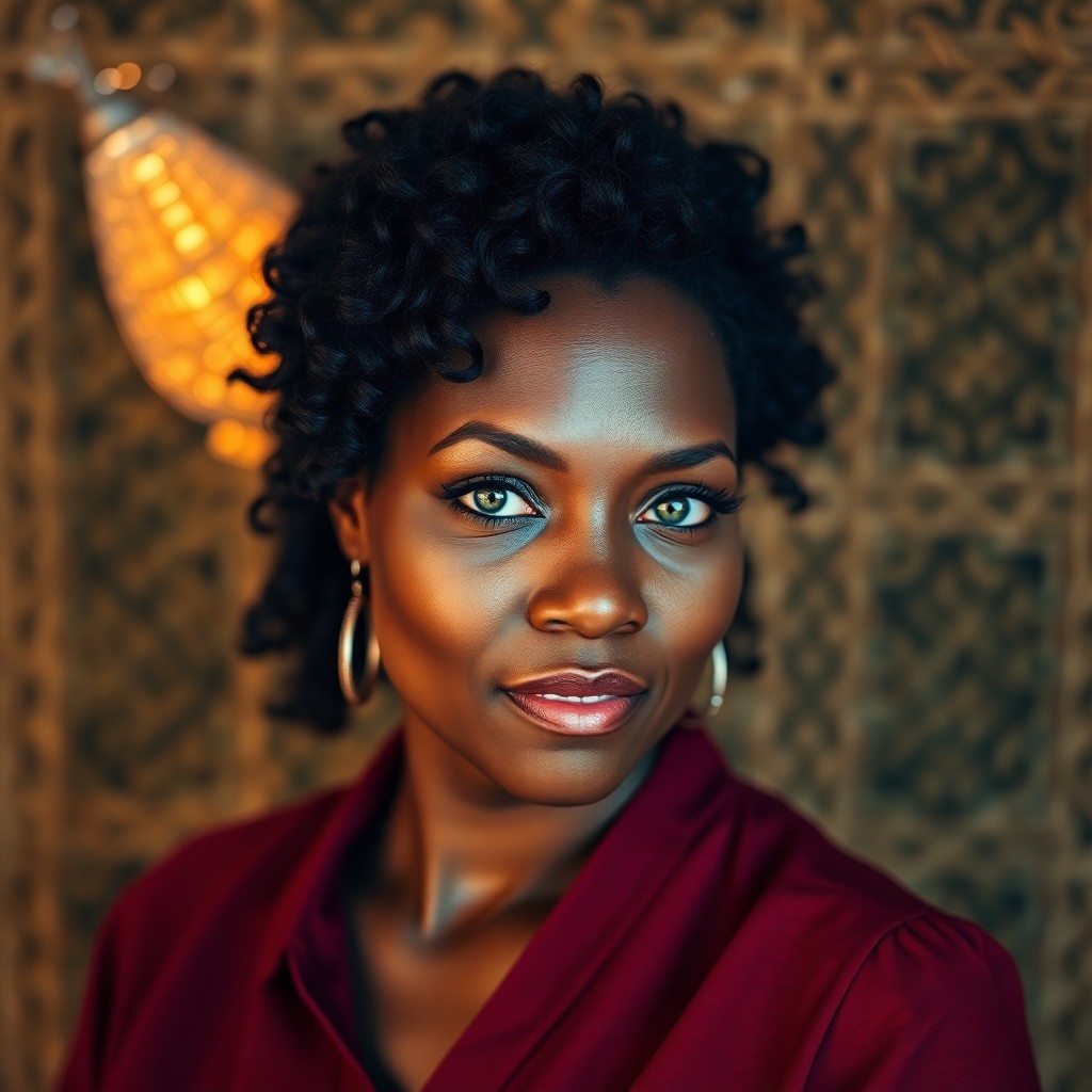 AI generated art for prompt: Craft a photograph portrait of an African American woman with striking green eyes and curly black ha