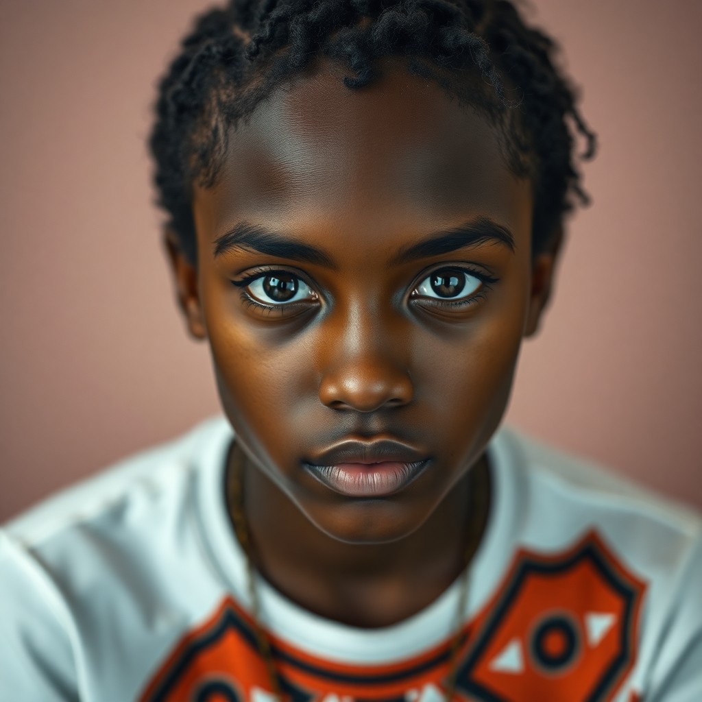 AI generated art for prompt: Craft a lifelike portrait of an African American teenager with deep brown eyes framed by expressive 