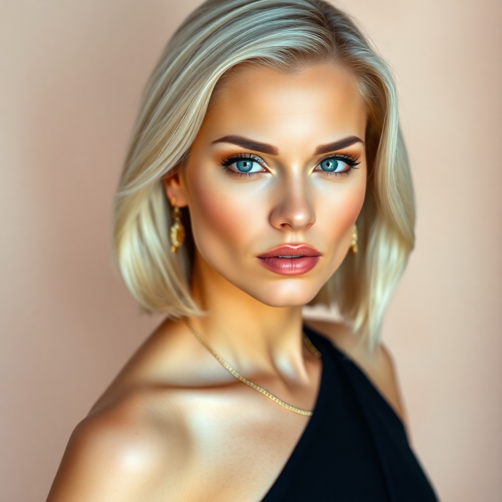 AI generated art for prompt: A striking Caucasian woman with sharp blue eyes and shoulder-length platinum blonde hair poses confi