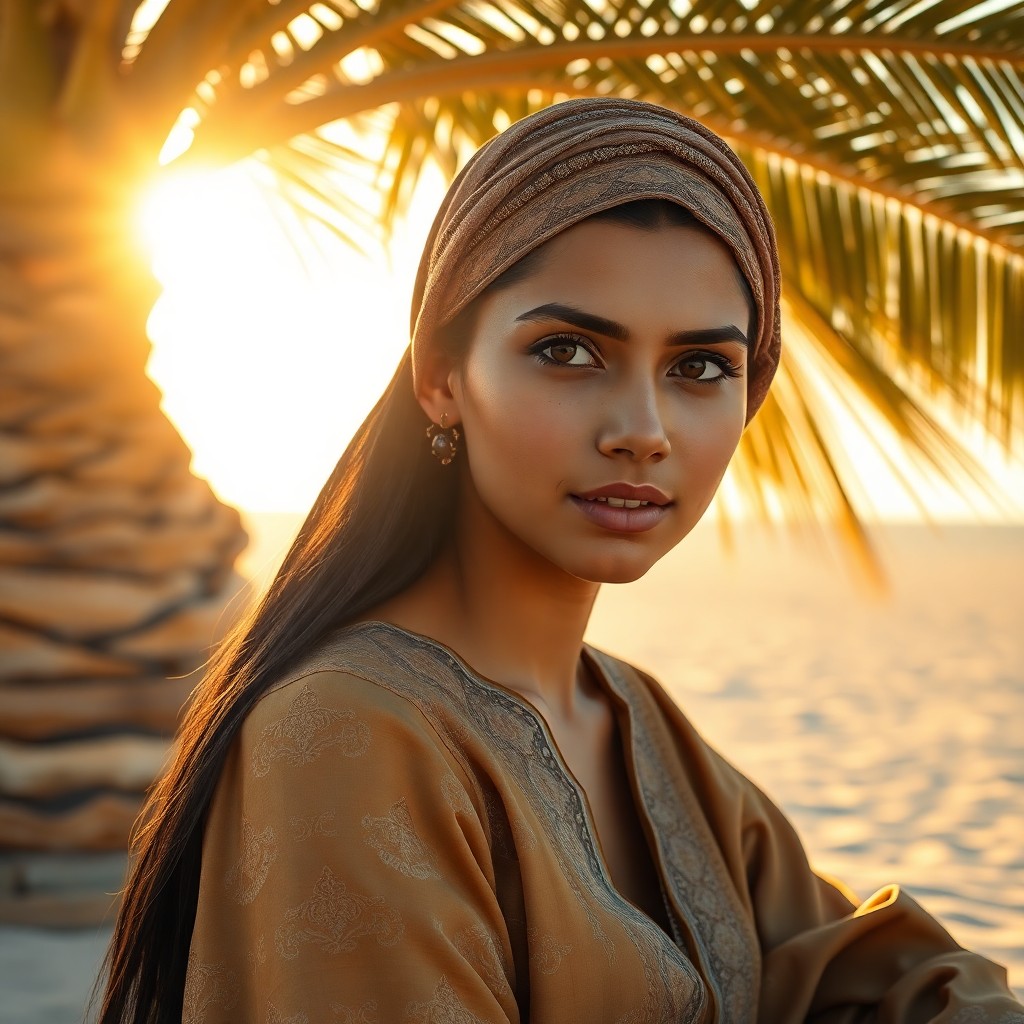 AI generated art for prompt: Create an ultra-realistic portrait of a young Middle Eastern woman with deep brown eyes and long bla