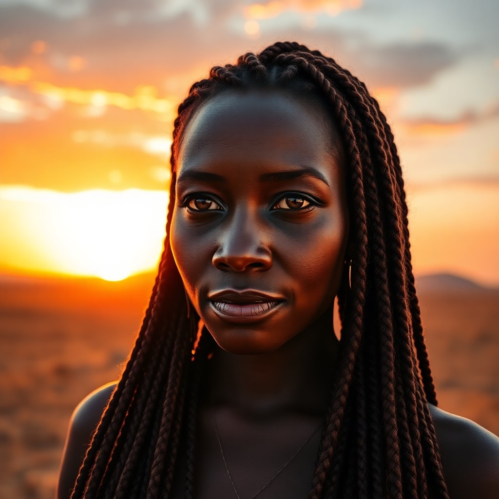 AI generated art for prompt: Create a photograph portrait of an enigmatic African woman in her mid-30s with warm brown eyes and i