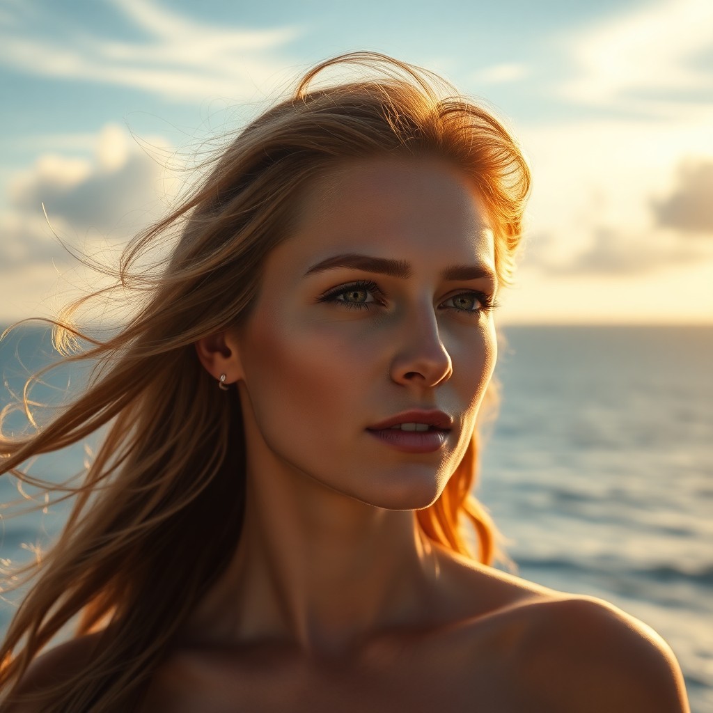 AI generated art for prompt: A hyperrealistic portrait capturing a Western European woman with sun-kissed hair gently blowing in 