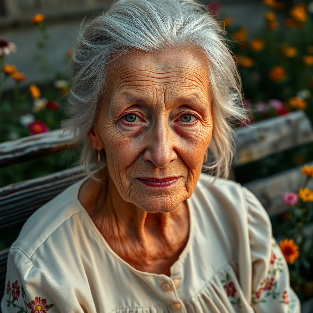 AI generated art for prompt: Create a vivid description focusing on an elderly woman with deep wrinkles around her eyes and mouth