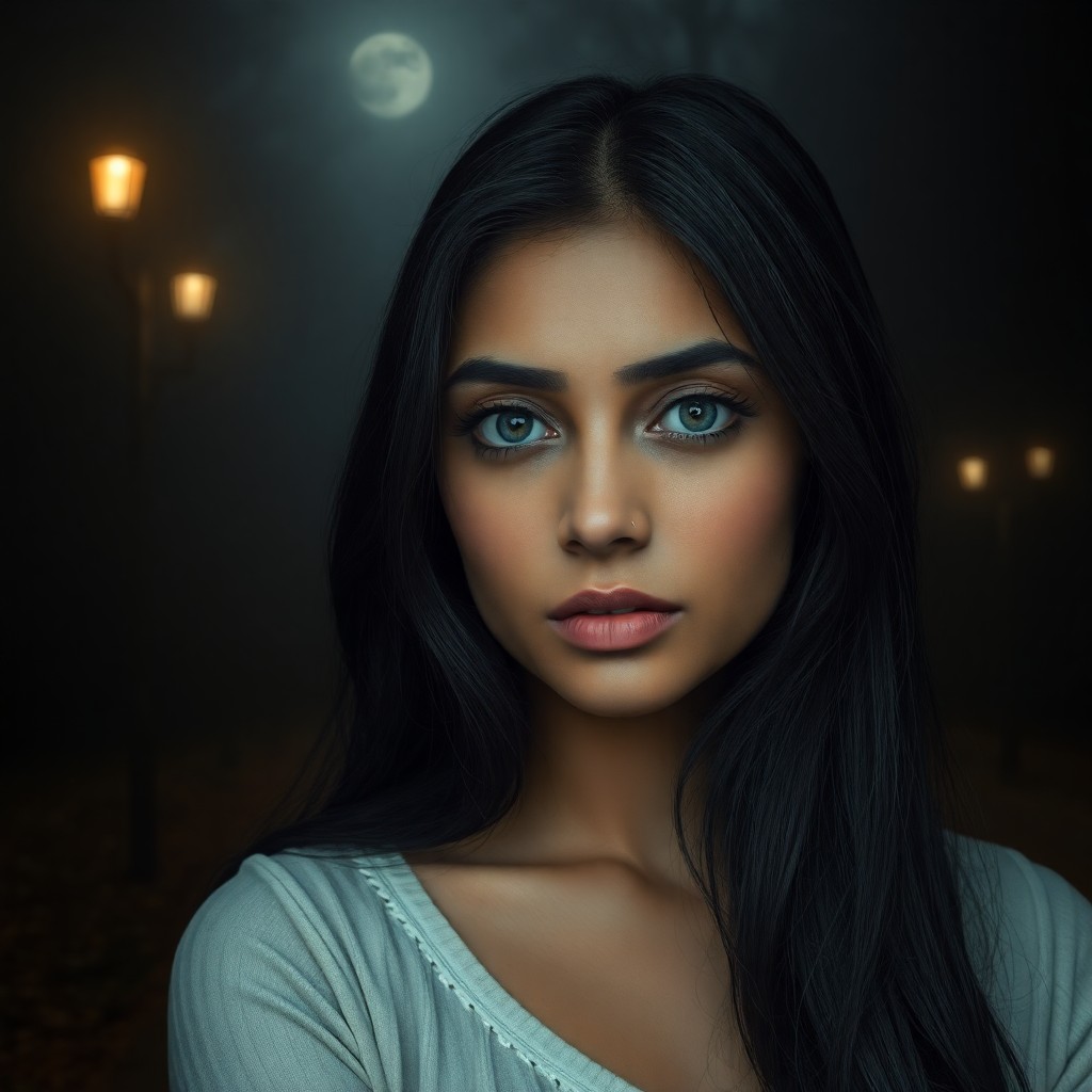 AI generated art for prompt: A South Asian woman with distant blue eyes is captured in ultrarealistic detail against a foggy fore