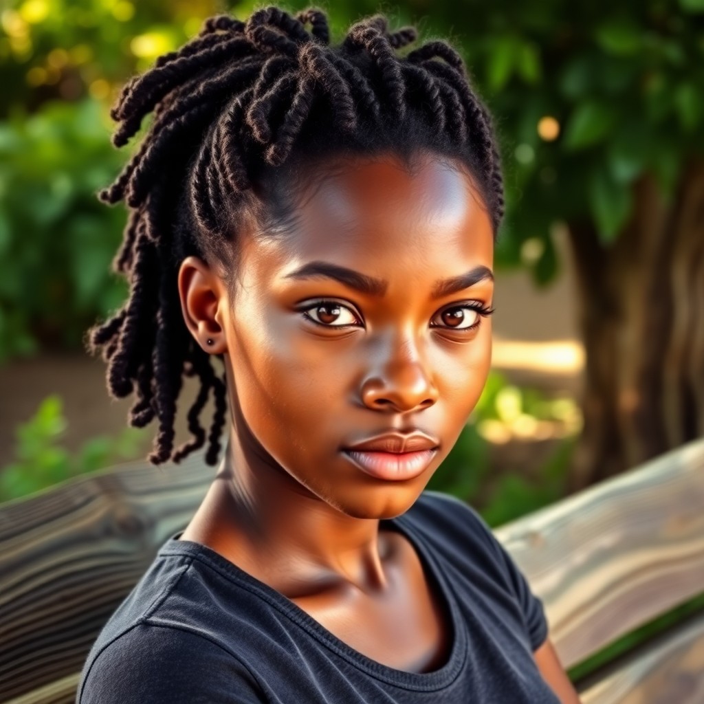 AI generated art for prompt: A photograph portrait of a young African American woman with piercing brown eyes, dark chocolate ski