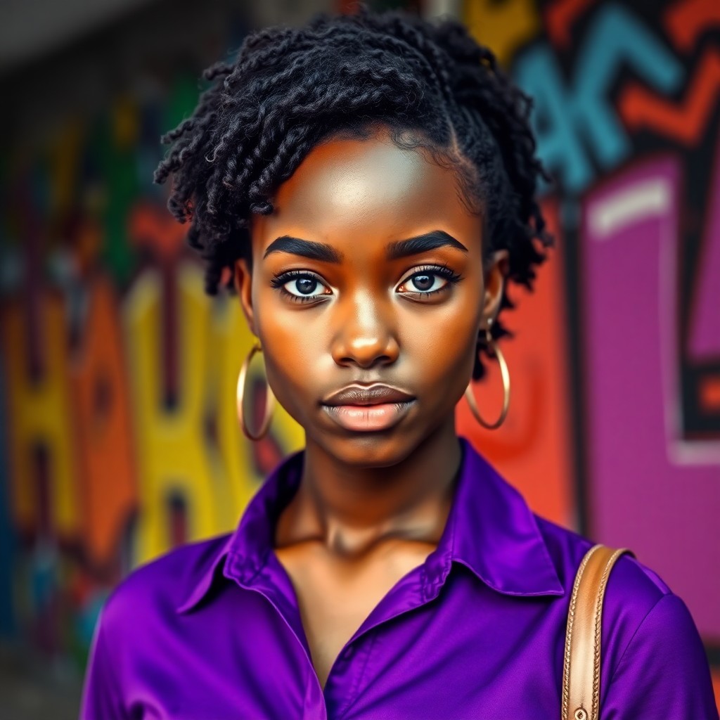 AI generated art for prompt: A young African American woman with striking features, wearing a vibrant purple blouse contrasted ag