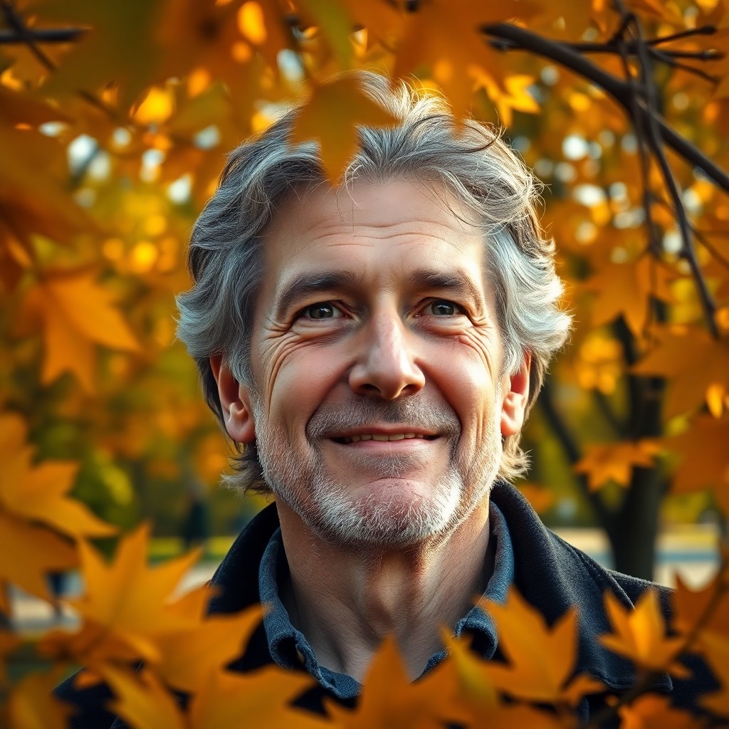 AI generated art for prompt: A middle-aged man with kind eyes and a gentle smile stands in an autumnal park, surrounded by vibran